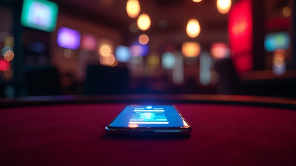 Smartphone showing a casino app installation screen in a dark neon casino setting