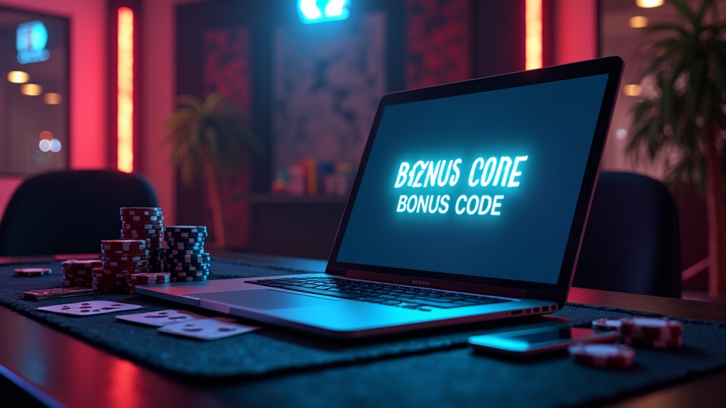 Glowing bonus code field with casino chips and free-spin icons in a dark setting