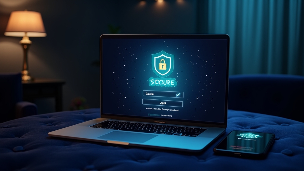 Laptop and smartphone showing a secure casino sign-in screen in a dark casino setting