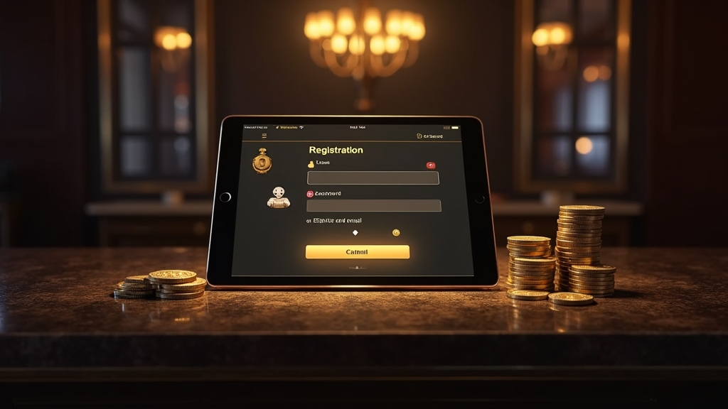 Tablet displaying a new casino registration form in a dark elegant casino environment
